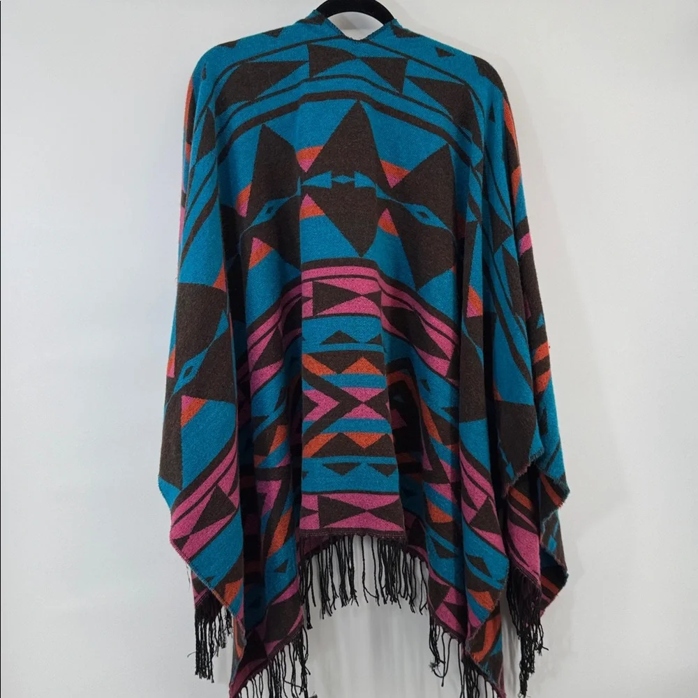 Bohemian Teal Southwestern Print Ruana
Wrap Poncho With Fringe Aztec - Picture 3 of 7